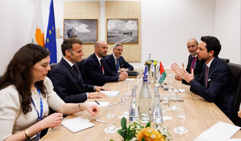 His Royal Highness Crown Prince Al Hussein meets with France President Emmanuel Macron on the margins of the informal meeting of EU and regional partners in Nicosia