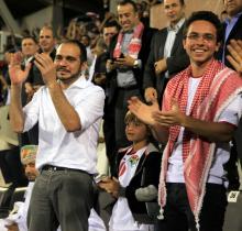 H.R.H. Crown Prince Al Hussein Bin Abdullah II, H.R.H. Prince Ali Bin Al Hussein, and H.R.H. Prince Hashim Bin Abdullah II at the Jordan vs. Oman football match, 18th June, 2013