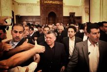 H.R.H. Crown Prince Al Hussein Bin Abdullah II with His Majesty King Abdullah II ibn Al Hussein greeting worshipers after Friday prayers 2013