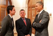 H.R.H. Crown Prince Al Hussein bin Abdullah II and His Majesty King Abdullah II ibn Al Hussein speak to US President Mr. Barack Obama in  Amman,March 2013