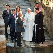 H.R.H. Crown Prince Al Hussein bin Abdullah II, Their Majesties King Abdullah II and Queen Rania Al Abdullah, H.R.H. Prince Ghazi bin Muhammad and His Holiness Pope Francis I visit the Baptism site, 24th May, 2014 