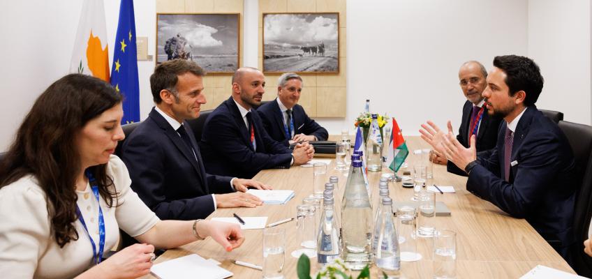 His Royal Highness Crown Prince Al Hussein meets with France President Emmanuel Macron on the margins of the informal meeting of EU and regional partners in Nicosia