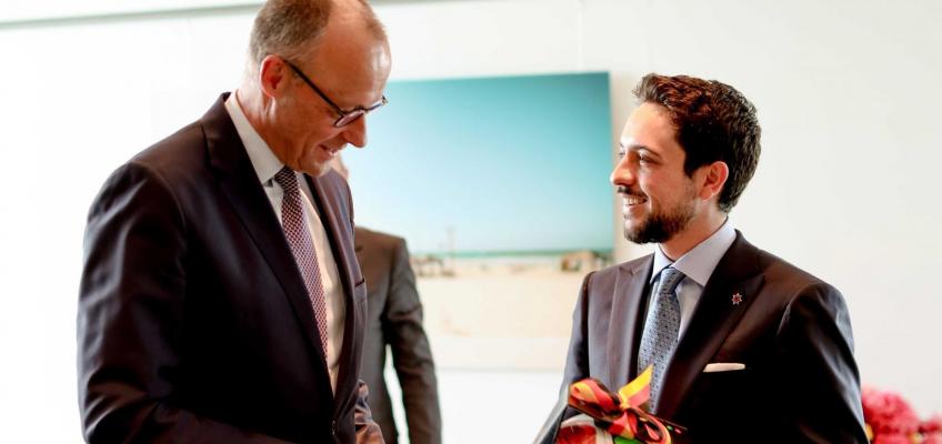 His Royal Highness Crown Prince Al Hussein and Germany Chancellor Friedrich Merz discuss enhancing cooperation and regional developments