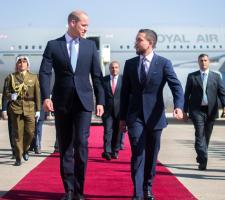 The Regent, His Royal Highness Crown Prince Al Hussein bin Abdullah II, welcomes Prince William, Duke of Cambridge, at Marka Military Airport